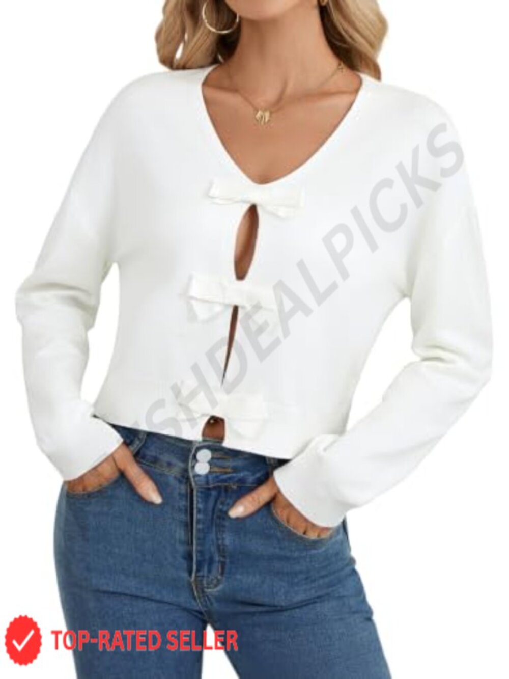 V Neck Cut Out Long Sleeve Cropped Sweater with Bow Knot